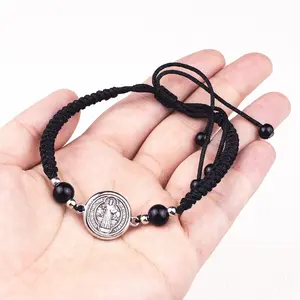 1 Black & Gold Rope St. Benedict Medal Order Christian Catholic Religious Adjustable Bracelet