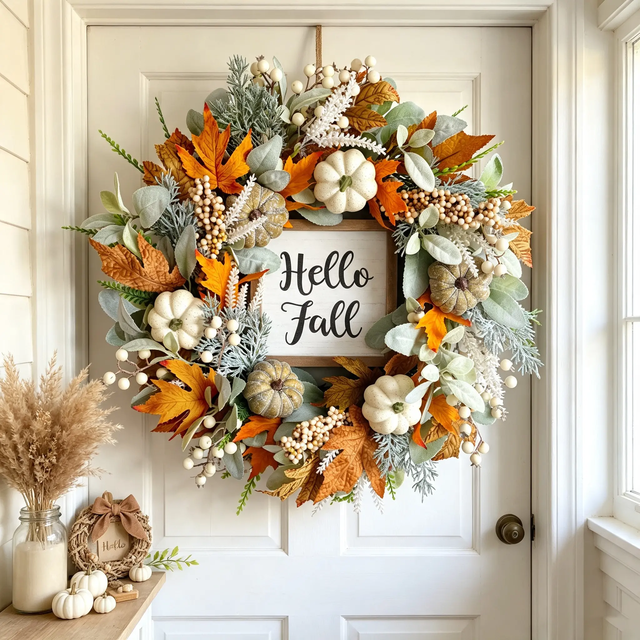 CIR OASES 20in Thanksgiving Fall Wreath with Eucalyptus, Berries, Pumpkins & Lamb Ears Leaves, Festive Decor for Front Door, Porch Wall