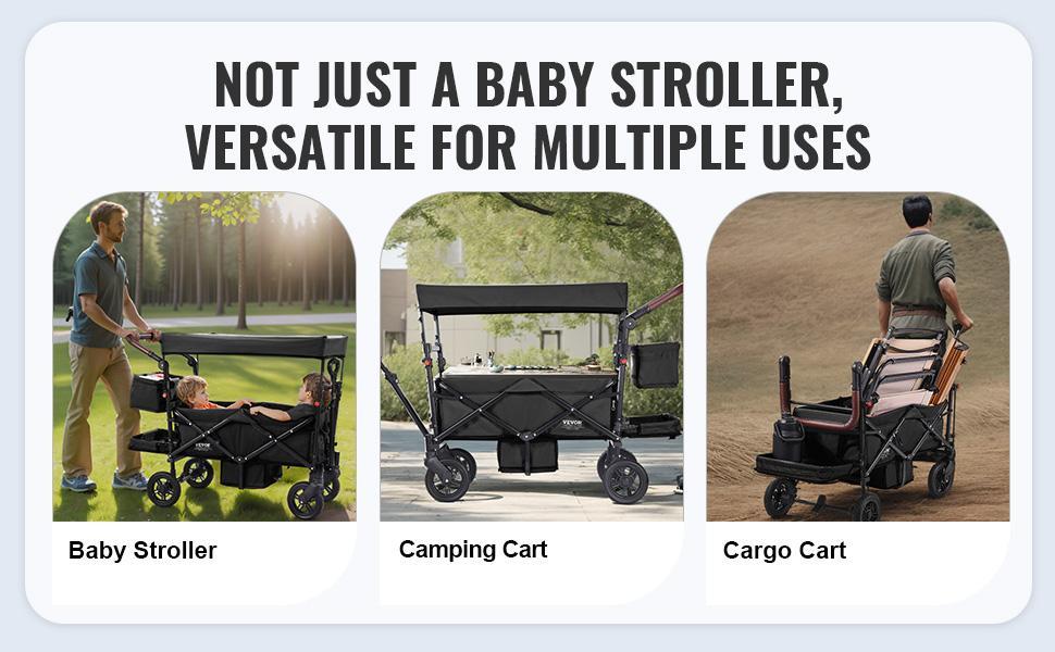 VEVOR Wagon Stroller for 2 Kids,  Push Pull Quad Collapsible Stroller with Adjustable Handle, Encircling Harness Removable Canopy, 4 Wheels with Brakes, Mutifunction Tandem Stroller for Camping