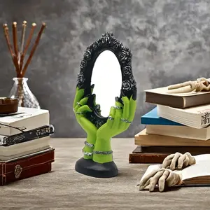 Gothic Vampire Hand Mirror Statue, Resin Glass Material, Perfect for Halloween & Day of the Dead Decor, Whimsical Design for Home & Office