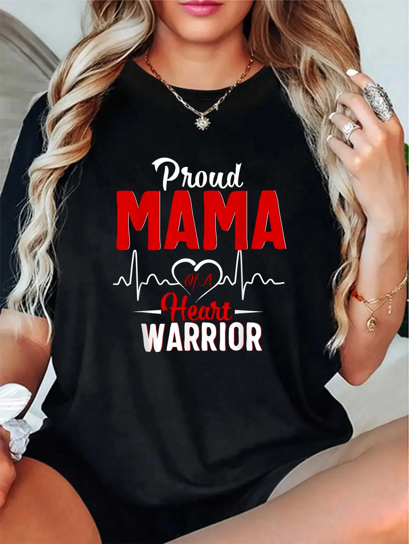 100% Cotton Unisex Proud MAMA of a Heart Warrior CHD Awareness shirt gift T-Shirt -Short Sleeve T-Shirt Women's Men's Graphic Tee Causal Tops