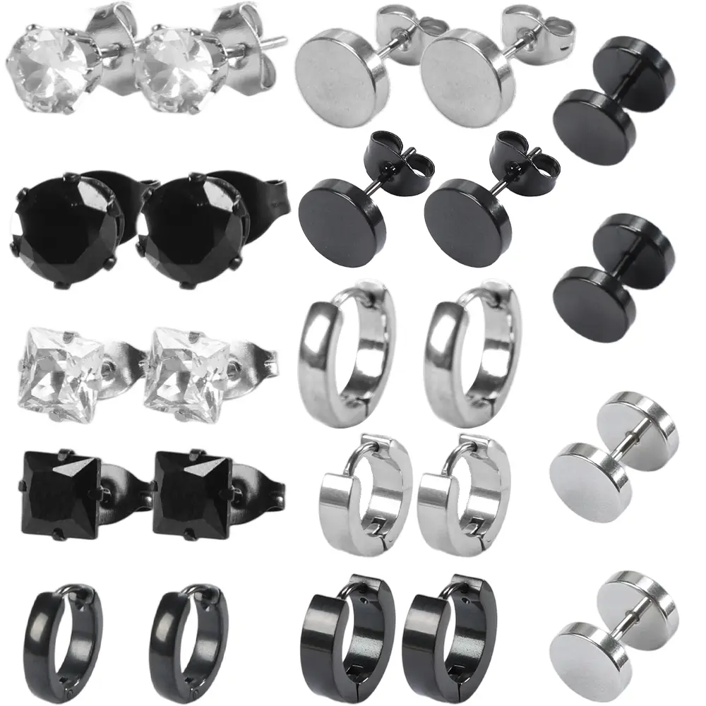 12 Pairs Stainless Steel Black Earring Set for Men and Women with Exquisite Box
