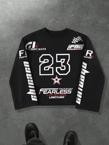Racing Themed Hoodie, 23 Number Racing Logo + Fearless Slogan, Block, Casual Long Sleeve, Fall & Winter