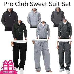Pro Club Classic Zip-Up Hoodie & Matching Cargo Sweatpants Set for Men - Casual Long Sleeve Sweatshirt in Black, Heather Gray, Charcoal Gray