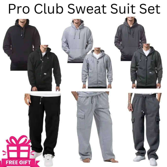 Pro Club Sweat Suit Set - Classic Zip-Up Hoodie OR Pullover Hoodie with Matching Cargo Sweatpants Casual Menswear Sweatshirt Sporty