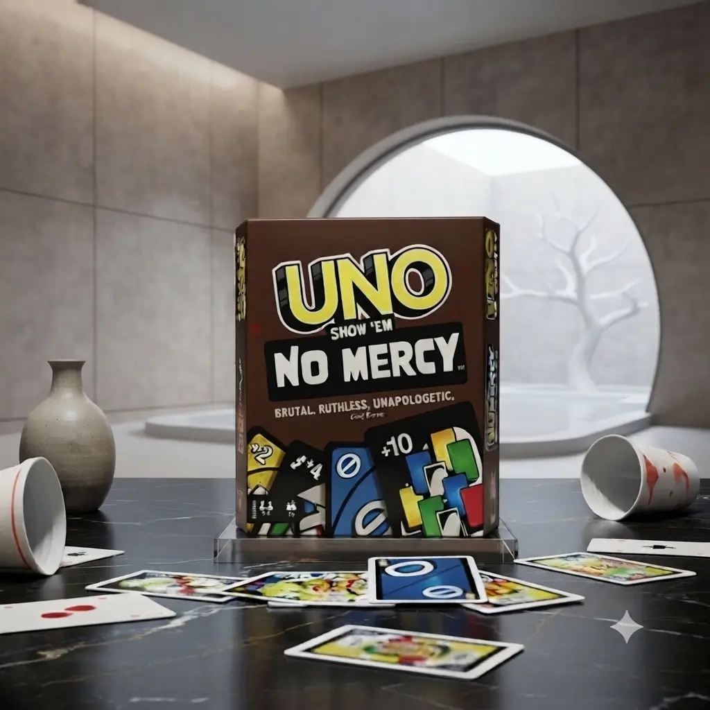 UNO Show 'Em No Mercy Card Game – The Ultimate Family Party Card Game. A wild and intense twist on classic UNO featuring powerful action cards, +10 penalty cards, and ruthless gameplay. Perfect for family game nights, parties, friends, holiday gatherings.