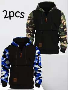 Two new men's autumn and winter camouflage warm, comfortable, casual and sporty hoodies with zipper design and drawstring elastic caps Suitable for casual sports and daily outings, men's hoodies, Casual streetwear sweatshirt, Casual Hooded Sweatshirt