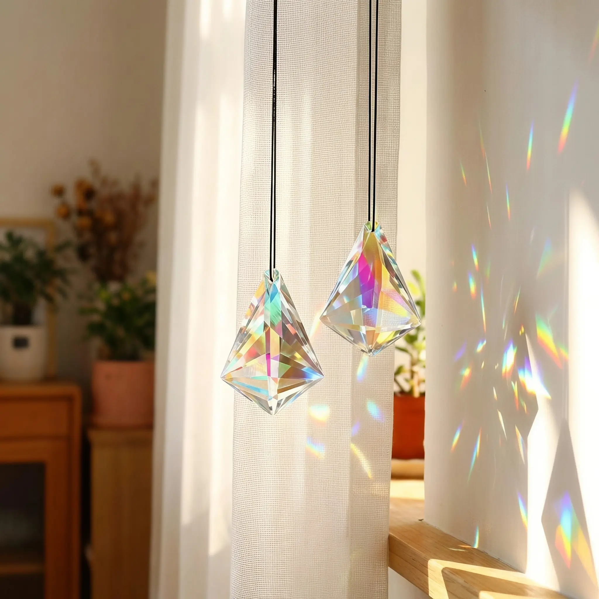 Multicolor Crystal Light Catchers - 1pc/2pcs Transparent Crystal Horn Hanging Prism, Sunlight-Enhanced Serene Home Garden Decoration, Outdoor Hanging Wind Chimes for Atmosphere Boost, Multicolor 2Pcs