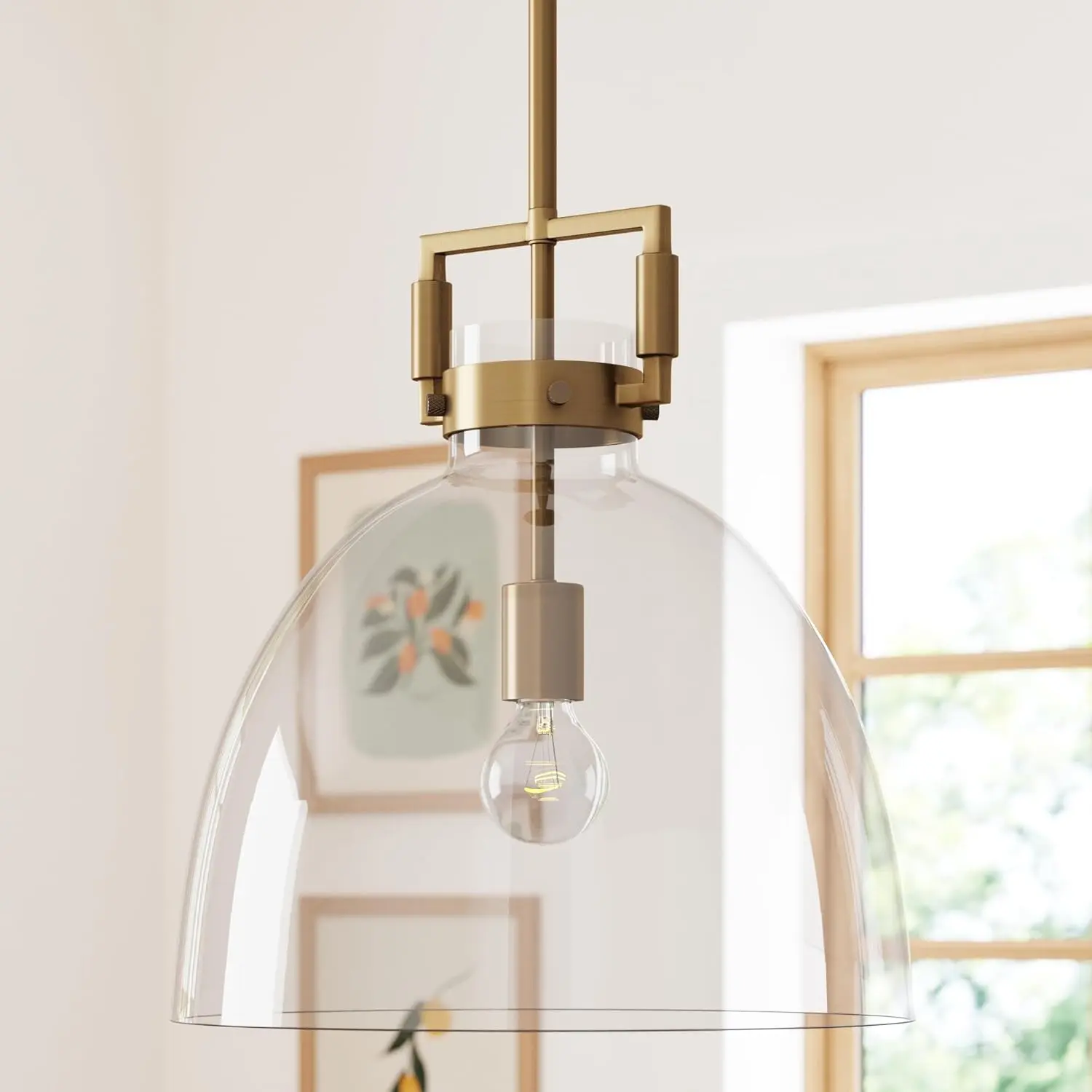 Nathan James Leigh Vintage Brass Metal Pendant Hanging Lamp, Indoor Use AC Power Supply, Oversized Transparent Glass Shade, Adjustable Cord, for Kitchen Island Entryway