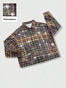 Men's Sparkle Plaid Colorblock Button Up Shirt, Trendy Rhinestone Design, Casual Fitted Long Sleeve, Fall & Winter Fashion, Street Style Party Wear