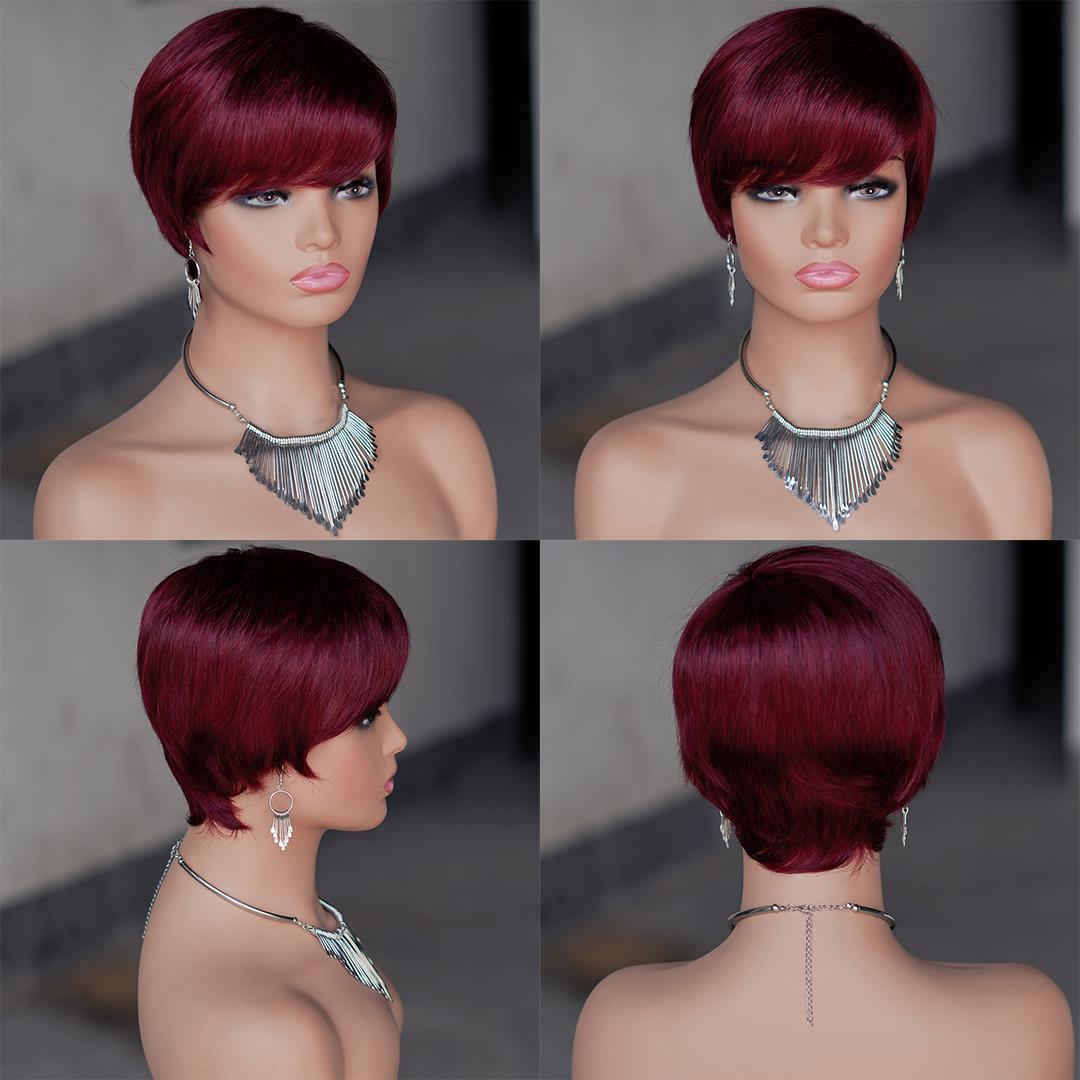 "Glueless Short Pixie Cut Wig With Bangs 180% Density Brazilian Virgin Human Hair P1B/27 Ombre Black Blonde 6 Inch Layered Full Machine Made Natural Look With Wig Caps For Women Daily & Party Wear "	