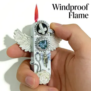 Angel Wings Windproof Lighter Suitable for Women &, Portable Metal Butane Refillable Gas Lighter with Windproof Flame, Cute Angel Wing Design & Inflatable Refillable Cigarette Lighter for Outdoor, Birthday Gifts (Butane Not Included)