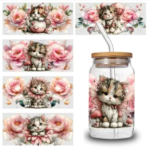 5 Sheets Cute Cat UV DTF Stickers Themed UV DTF Transfer Paper - Waterproof & Scratch Resistant, 3D Crystal Clear Decals for Glass Cups, Mugs, Laptops, Refrigerators