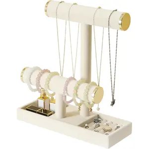 Pangkeep Jewelry Holder Stand,2 Tier Necklace Bracelet Organizer with Tray,Jewelry Displays for Selling Bangles Scrunchie Hair ties Watches and Chains (Beige)