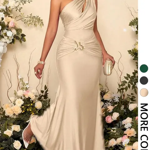 Women's One Shoulder Cutout Formal Wear Evening Gown, Ladies Ruched Mermaid Dress, Elegant Glam Chic Style Long Dress for Wedding Guest, Prom and Banquet, Dresses Wedding Guests
