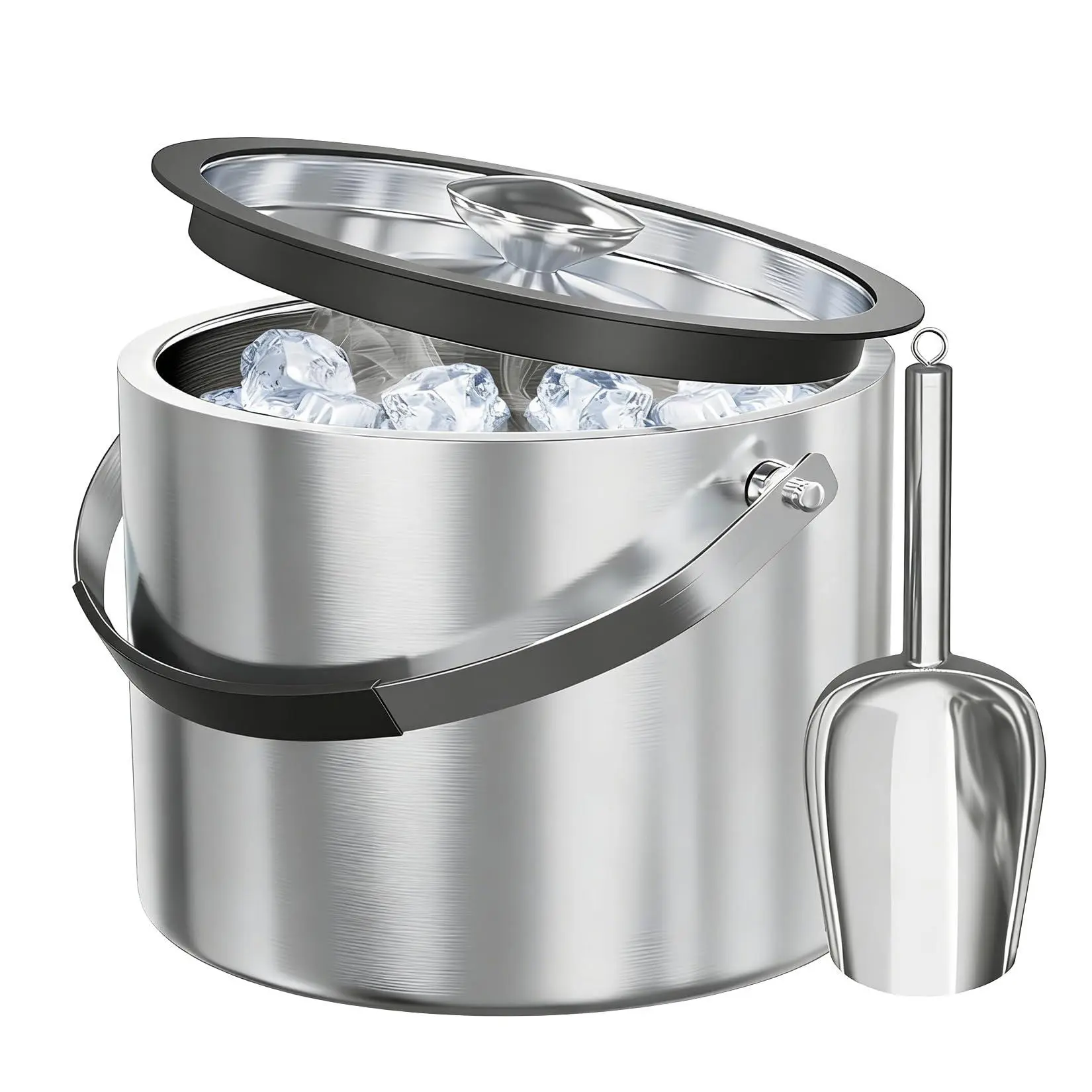 GARVEE 3.0L 304 Stainless Steel Double-Layer Ice Bucket Set with Silicone Lid, Ice Scoop, Silicone Handle Cover, Silver, 18×18×18cm for Home, Party, Ice Cubes