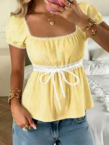 Women's Summer White-Yellow Striped Fabric Blouse - Cute Tops for Women, Lace Trim, Square Neck, Puff Short Sleeves, Bow Tie Design for Date, Beach