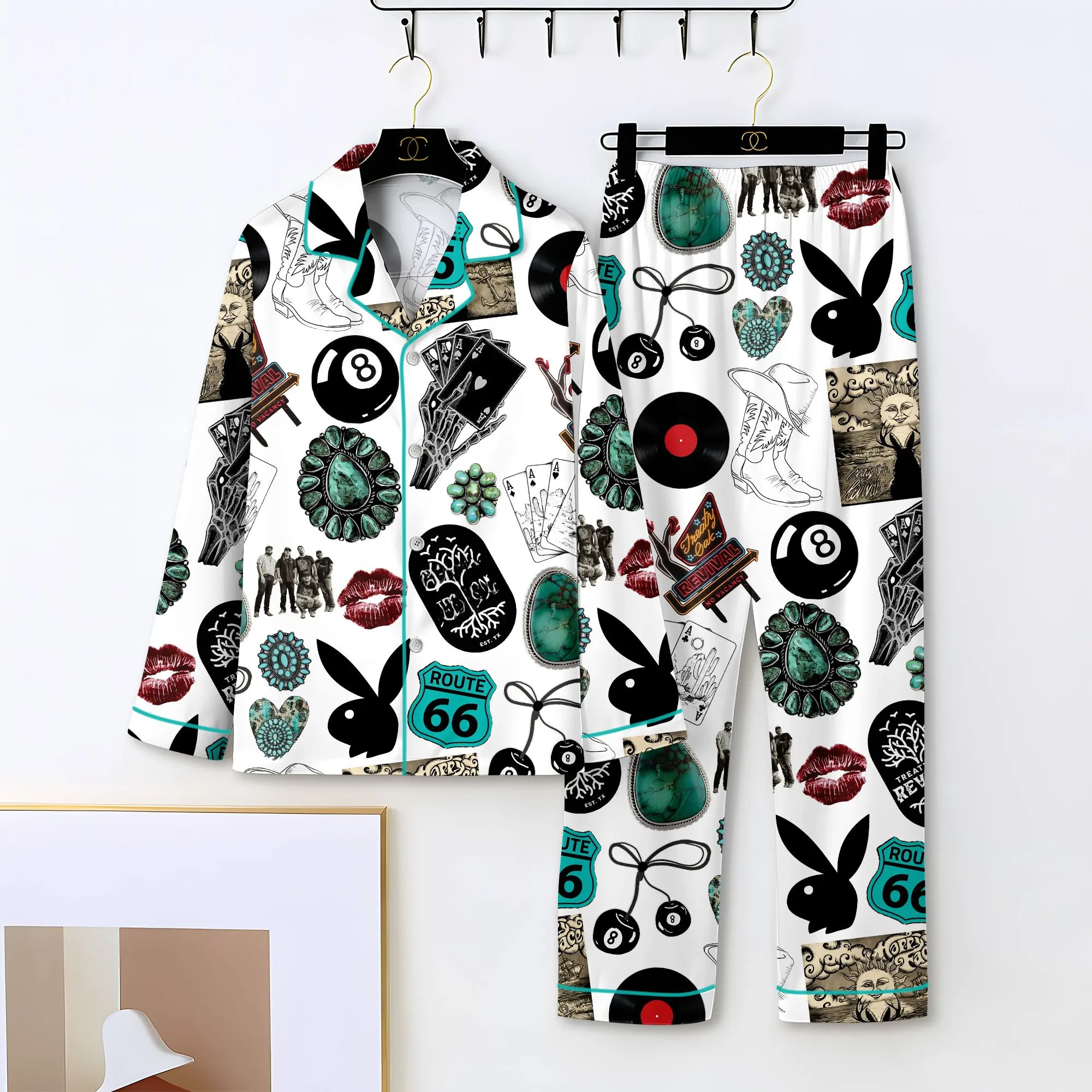 Cowgirl Cowboy Western Satin Pajama Set, Route Rodeo Cowgirl PJs, Vintage Western Cow Boy Sleepwear, Country Western Loungewear, Turquoise Western Print Pajamas, Retro Americana Nightwear Gift for Her Him