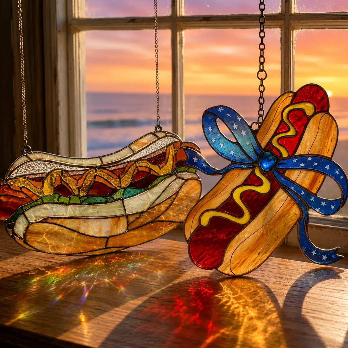 Hot Dog Acrylic Suncatcher, Colorful Stained Glass Style Window Hanging Ornament, Rainbow Kitchen Window Decor, Funny Fast Food Art, Housewarming Gift for Food Lovers, Mom, Dad & Friends