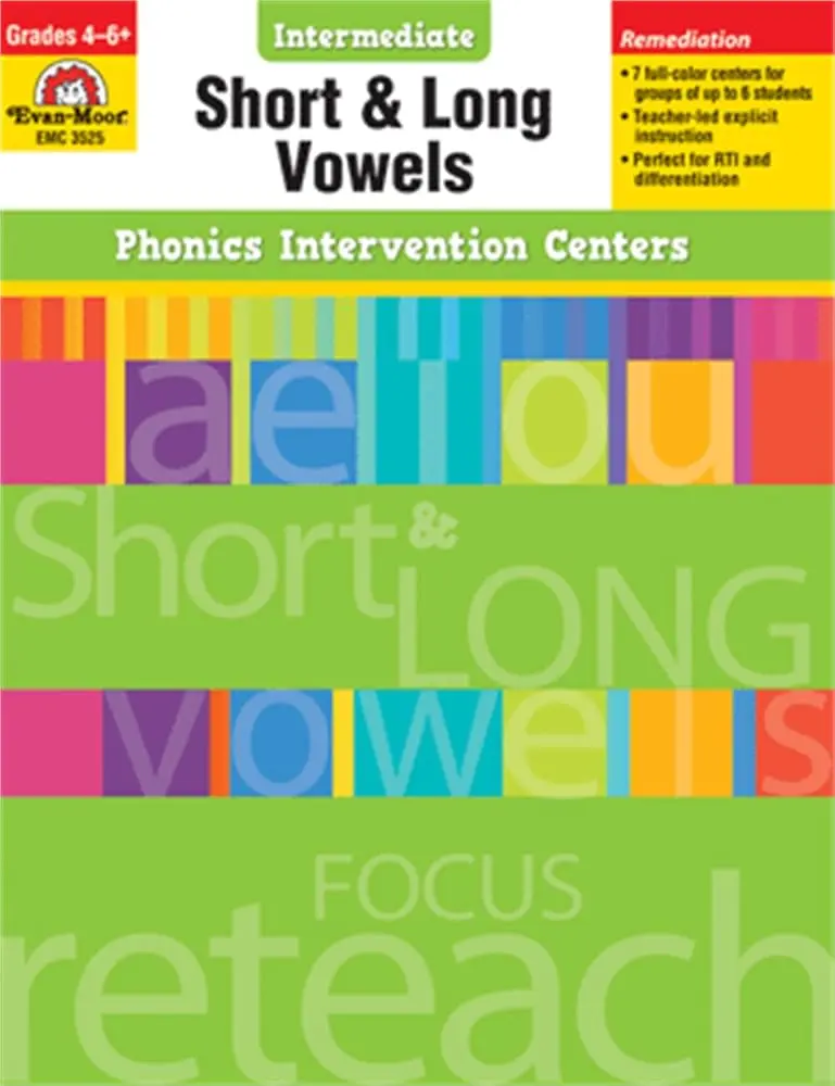Evan-Moor English Phonics Intervention Centers Book - Short & Long Vowels, Grades 4-6+, 224 Pages, 7 Full-Color Centers, Explicit Phonics Instruction for Struggling Readers, English Language Learners, Students Improving Decoding Skills
