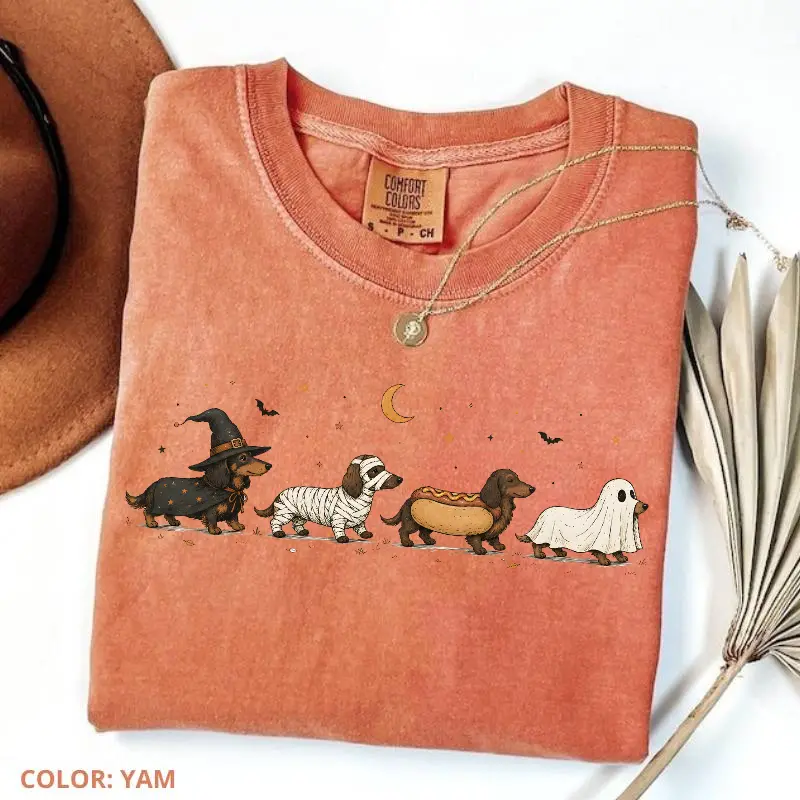 Comfort Colors Halloween Dachshund Costumes Shirt, Cute Wiener Dog Halloween Tee, Spooky Season Dog Lover Shirt, Retro Fall Graphic T-Shirt, Funny Halloween Gift