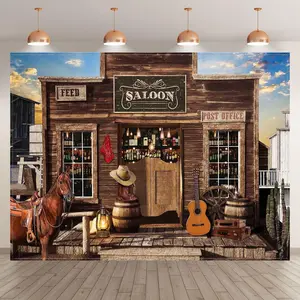 2D flat banner1pcs Western Cowboy Photography Backdrop Rustic Country Bar Wooden House Wild West Background Children Adults Party Decorations Photo Banner Booth Portrait,Photography Studio,Video Backdrops,Product Displays,Party Decoration Supplies