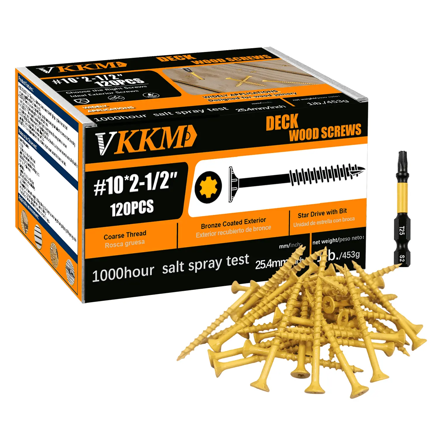 VKKM 120Pcs #10 x 2-1/2 Inch Bronze Torx Countersunk Wood Screws, Hardened Carbon Steel Anti-Oxidation Self Tapping Fasteners with Free T25 Bit for Indoor Cabinet, Furniture & Woodworking DIY Projects