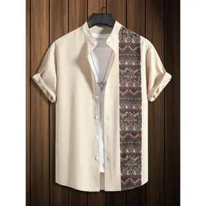 Men’s ethnic-patterned curved-hem shirt, summer loose casual short-sleeved button-up, everyday fashionable menswear, GARMENTARY