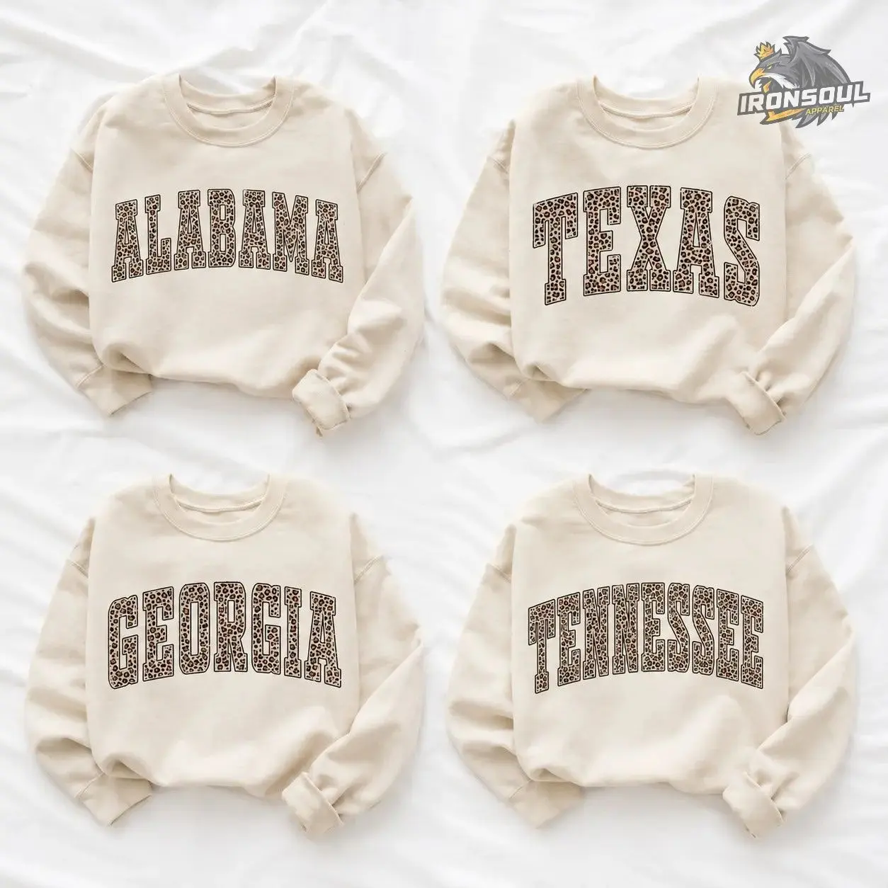 Leopard 50 States Sweatshirt, Custom State Name, Unisex Cotton Crewneck Sweatshirt, Leopard Gift for Her, Apparel Made In The US - IronSoul Apparel		
