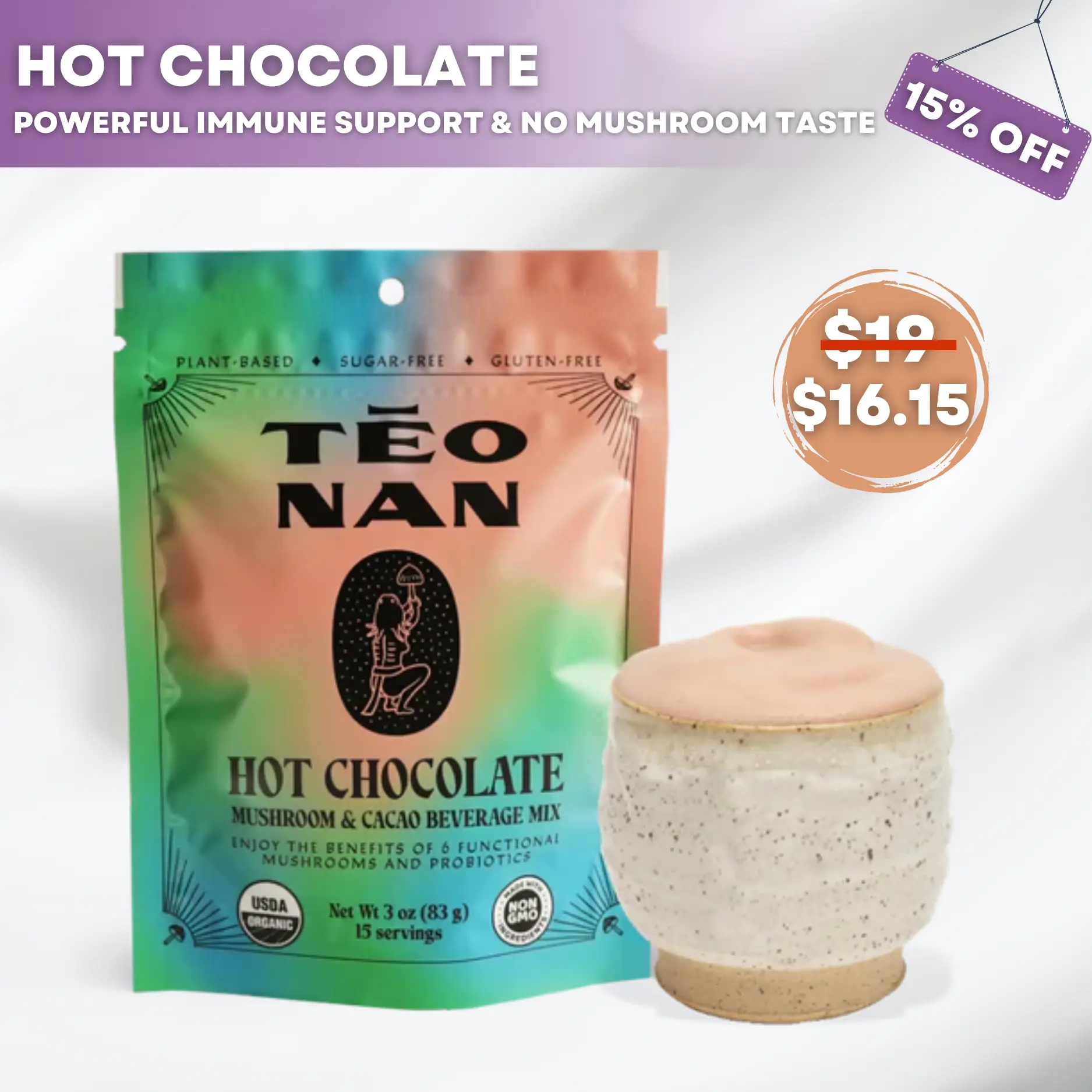 Teonan Hot Chocolate Mushroom & Cacao Instant Beverage Mix, Plant-Based, Sugar Free, Gluten Free & Non-GMO