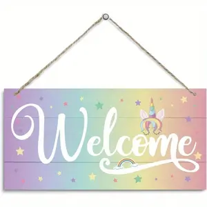 Unicorn Welcome Decoration, Pastel Rainbow and Stars Hanging Wall Sign, Farmhouse Door Decor, Children Girls Room, Nursery, Party Decor