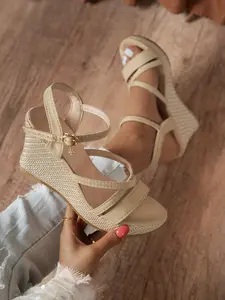 Classic Fashion Woven Wedge Sandals, Cross Strap + Metal Buckle Design, Height Increasing Slimming, Retro Vacation Style, Comfortable