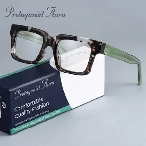Protagonist Aura Stylish Square Tortoise Shell Reading Glasses Anti Blue Light, Two Tone Green Temple Presbyopic Eyewear for Women Men, Comfortable Fashion Readers