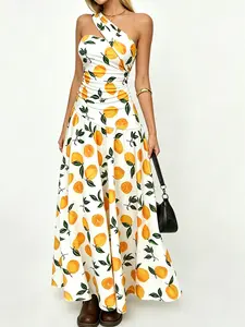 Women's Lemon Leaf Print One Shoulder Ruched Long Dress, Summer Clothes Women, Casual Loose Maxi Dress for Beach Vacation Womenswear, Elegant Seaside Outfits, Fresh Fruit Print Party Dress