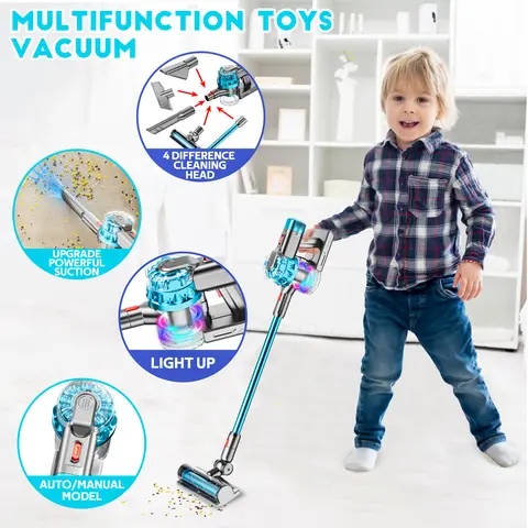 BLAXTEM 4-in-1 Pretend Play Vacuum Cleaner Set - Non-Functional Cleaning Playset, AA Battery-Powered Auto/Manual Mode, Simulated Sounds, Toddler Christmas Gifts for 3-4 Years Kids (Birthday) [Toddler Christmas Gift Ideas]