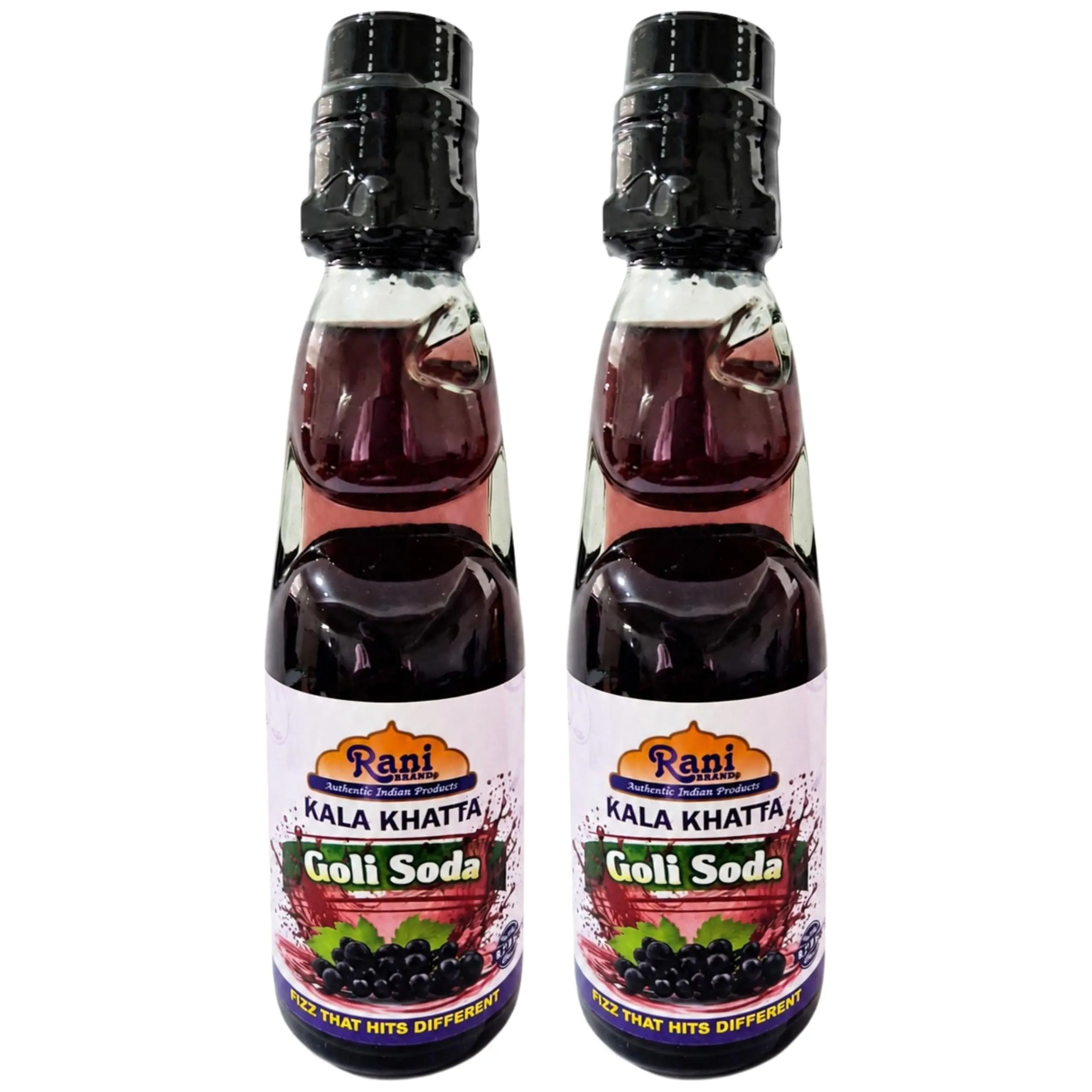 Rani Kala Khatta (Black Grapes) Goli Soda 6.7 fl oz (200 ml) Glass Bottle with Marble Seal, Pack of 2 ~ Vegan | Gluten Free | Non-GMO | Indian Origin