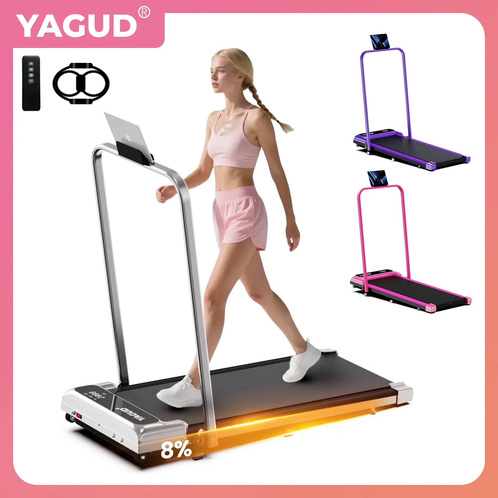 【Colorful Handrails】Upgraded Folding incline Treadmill, Low Noise Motor, 265lbs Capacity, Wide Belt, Dual Shock Absorption, Remote Control, Easy Move Wheels, Comes with Free Resistance Bands