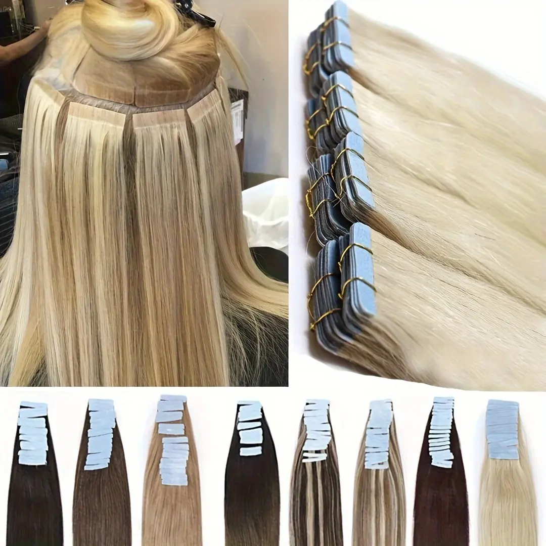 Fashion 20pcs Remy Human Hair Tape In Extensions - Straight, Invisible Adhesive, Natural Look for Women, Various Blonde & Brown Shades
