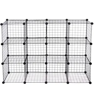 ZENY 12-Cube Modular Metal Bookcase Wire Grid Storage Shelves Stackable Organizer Home Living Room Black Cabinet Rack Steel