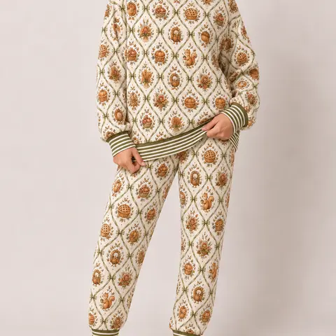 Women's 2-Piece Festive Theme Pajama Sets - Cute Turkey Pumpkin Print Long Sleeve Polyester Loungewear, Cozy Fall Sleepwear, Casual Wear, Machine Washable Holiday Homewear Gift