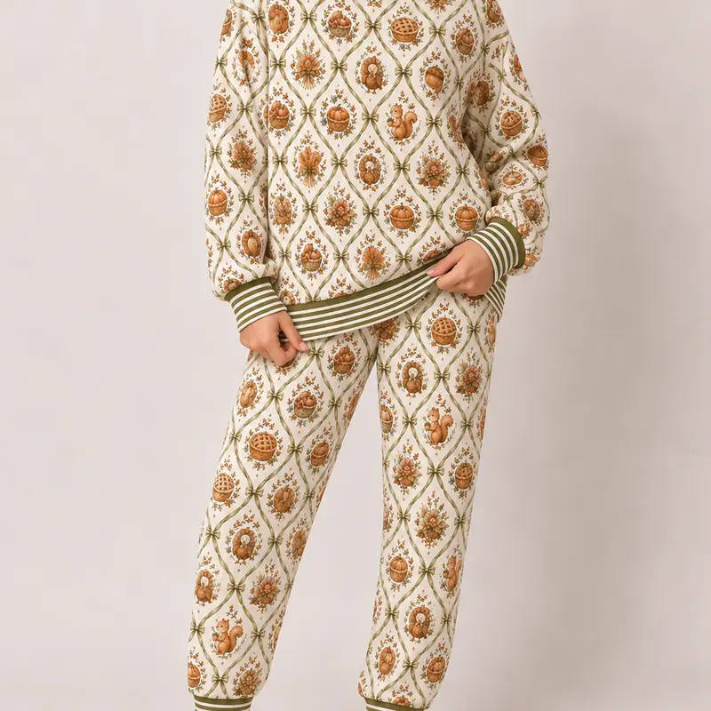 Women's 2-Piece Festive Theme Pajama Sets - Cute Turkey Pumpkin Print Long Sleeve Polyester Loungewear, Cozy Fall Sleepwear, Casual Wear, Machine Washable Holiday Homewear Gift