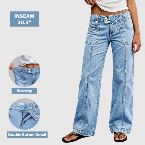 Flamingals Wash Asymmetrical Stitch Detail Mid Waist Relaxed Straight Jeans Womenswear Stretchy 30.3" Inseam