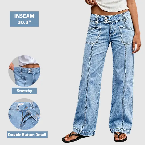 Flamingals Wash Asymmetrical Stitch Detail Mid Waist Relaxed Straight Jeans Womenswear Stretchy 30.3" Inseam