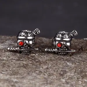 GTHIC Skull Pirate Biting Sword Stainless Steel Gemstone Earrings for Men Women Gothic Statement Accessories Daily Wear
