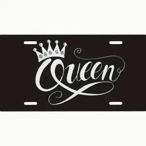 Crown Queen License Plate- 12X6Inch Black And White Metal Car Logo, Elegant Font And Crown Design, American Standard Size Personalized License Plate, Women'S Exclusive Wall Decoration Gift, Custom Vehicle, 2D Flat, For Decoration Only