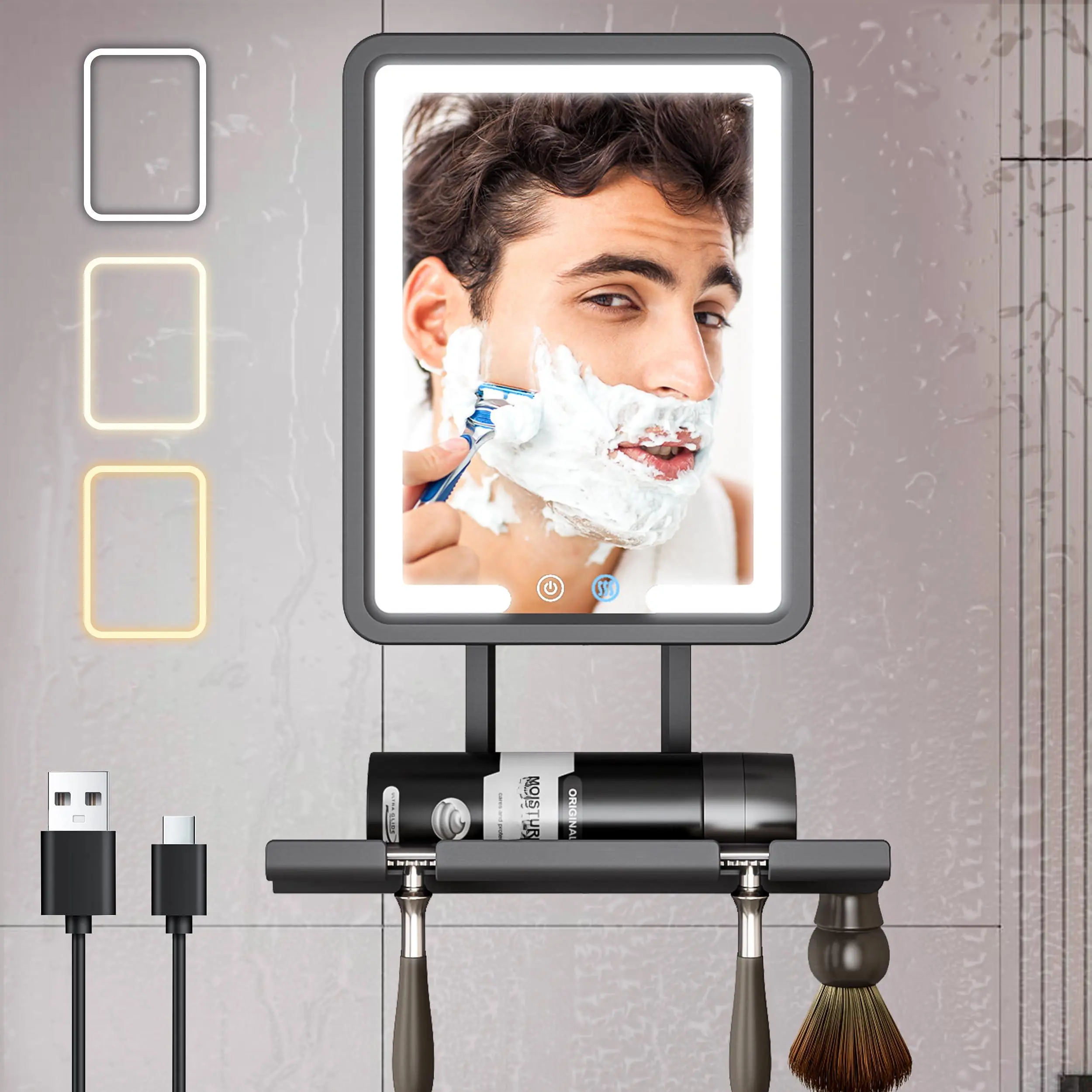 Heated Shower Mirror Fogless For Shaving  With Light 3 Color Modes Dimmable Rechargeable Anti-fog Storage Tray & Holder Men