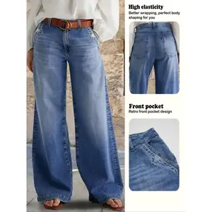 Women’s denim wide-leg pants with pocket patches, casual loose jeans suitable for everyday wear, comfortable women’s fashionable underwear GARMENTARY