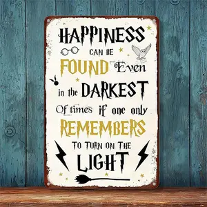 Happiness Can Be Found Even In The Darkest Metal Signs, Vintage Magic Sign for Movie Wizard Theme Lovers Office Decor Motivational Room Wall Decor, 12x8 Inches   2