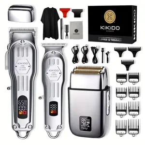 KIKIDO Silver 3-Piece Men's Electric Hair Clipper Set, Wireless USB Rechargeable Trimmer For Home Haircut, Travel & Daily Grooming, Ideal Gift For Men & Teens, Professional Haircut Kit For Household & Barber Use