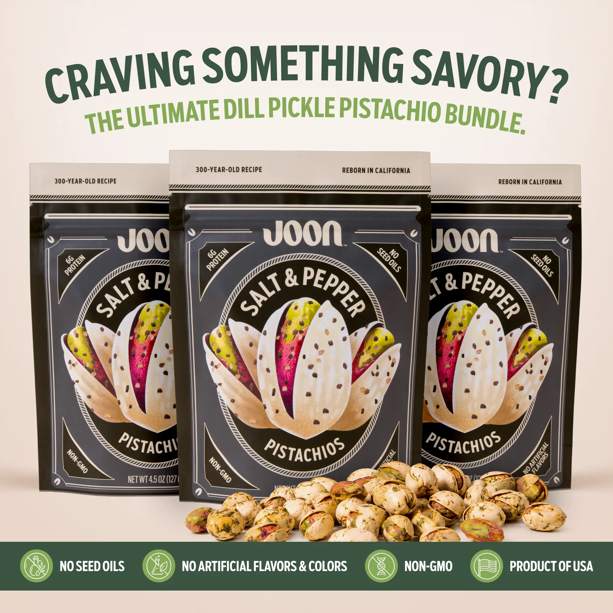 Joon Salt & Pepper Pistachios In Shell 3-Pack, Black Pepper & Sea Salt Gourmet California Pistachios, Protein Crunchy Snack, No Seed Oils, No Artificial Flavors